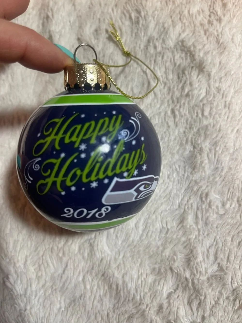 Seattle Seahawks Navy & Lime 'Happy Holidays' 2018 Ornament